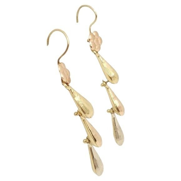 Real 14K Yellow, Rose & White Gold Hollow 3 Teardrops Hanging Earring womens